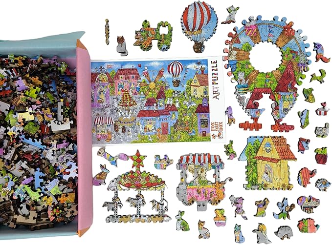 Wooden Puzzle for Adults - Uniquely Shaped Pieces - Made in The USA by FoxSmartBox - 425 Pieces - Busy Town