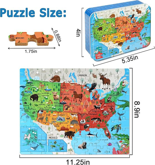 LELEMON Puzzles for Kids Ages 4-6,Animal Map 100 Piece Puzzles for Kids Ages 4-8 in a Metal Box, Educational Jigsaw Puzzles 100 Piece Puzzle Games Puzzle Toys for Girls and Boys