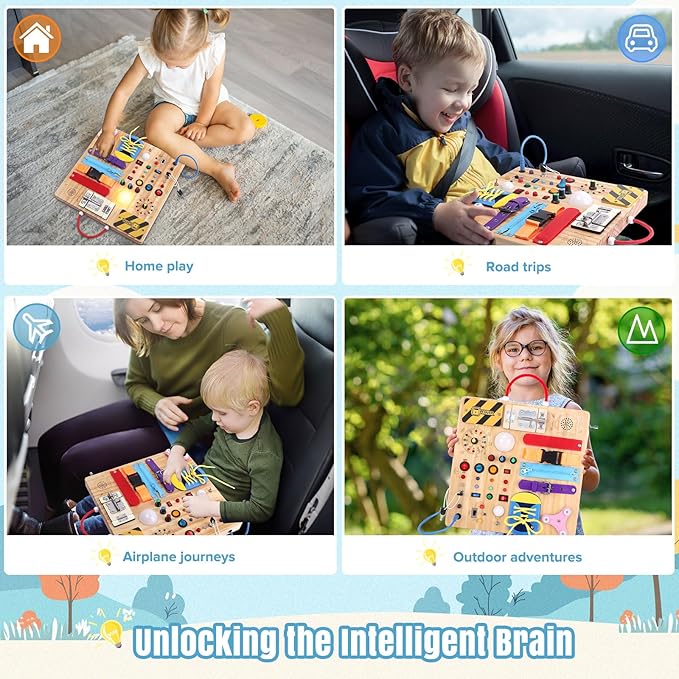 23 in 1 Busy Board Montessori Toys for 1-3 Year Old Wooden Learning Educational Toy for Toddlers with 15 Switches, 26 LED Lights, Music Boxes, Locks,Zippers Toddler Sensory Toys for Soothing A Baby