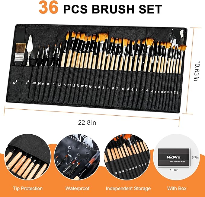 Nicpro 36pcs Paint Brush Set, Professional Paintbrushes with Palette Knife and Cloth Roll, Suitable for Acrylic Painting, Oil, Watercolor, Gouache, Art Supplies for Artists & Beginners (Wooden Color)