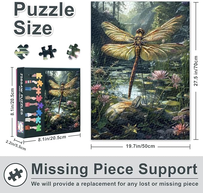 1000 Piece Jigsaw Puzzle for Adults - Serene Pond Scene with Dragonfly & Water Lilies, Premium 27.5x19.7 in Puzzle Board, Nature Art 1000-Piece Puzzle for Adults