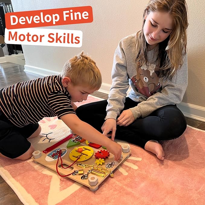 Double-Sided Montessori Busy Board for Toddlers 3-5, Train Babies Fine Motor Skills, Toddler Boy Toy of Sensory Activity Board, Wooden BusyBoard for 3+ Year Old Kids Birthday Gift