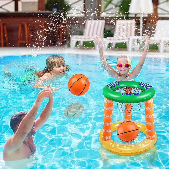 Pool Games Set-8 Inflatable Rings,Inflatable Basketball Hoop,Cactus Toss Game,Cross Toss Game and 2 Inflatable Small Basketballs-Perfect Water Toys for Kids,Teens and Adults