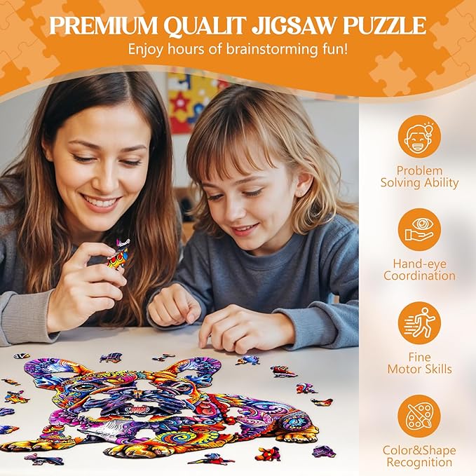 Wooden Puzzles for Adults, Jigsaw Puzzles for Adults Kids, French Bulldog Wooden Puzzle Unique Shaped Wood Puzzles Adult, Birthday Gifts for Friends Family Game (8.5 * 8.1in 100pcs)