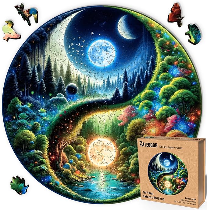 LEOGOR Wooden Jigsaw Puzzles for Adults 350 Pieces (15 × 14.9 in), Yin Yang Puzzle, Extra-Thick 5mm Wood, Round Mosaic Puzzles with Unique Animal Shapes, Challenging, Beautiful Gift for Puzzle Lovers