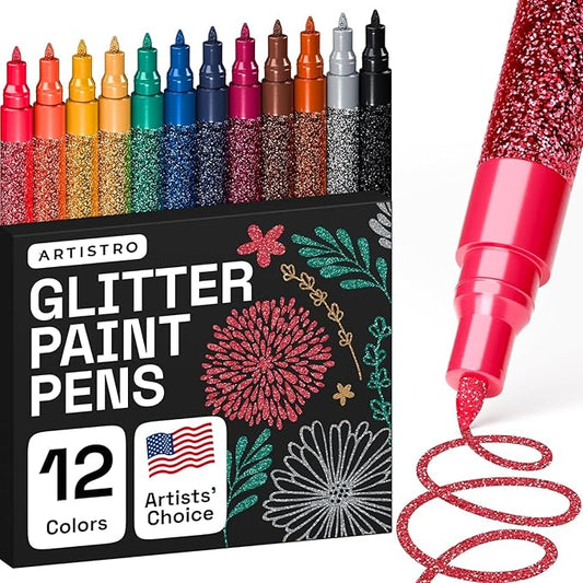 ARTISTRO 12 Glitter Paint Pens Sparkly and Shiny for Rock Painting, Stone, Ceramic, Glass, Wood, Fabric, Scrapbooking, DIY Craft Making, Coloring, Acrylic Glitter Markers Extra-Fine Tip 0.7mm