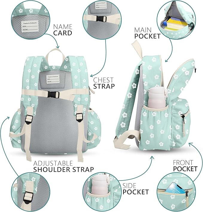 Corduroy Kids Backpack for Girls 6-10: Girls Backpacks for Elementary Kindergarten 15” H Fit Folder