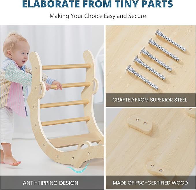 BlueWood Pikler Triangle Set, Toddler Wooden Climbing Toys Indoor 7in1 Climber, Foldable Kids Climbing Toys, Montessori Play Jungle Gym with Arch, Ramp, Ladder (Natural)