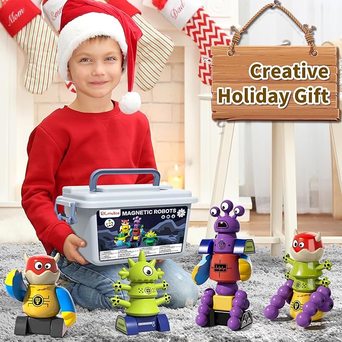 Magnetic Robot Toy for Kids 3-5, 35 PCS STEM Educational Playset with Storage Box, DIY Stacking Monster Robots, Toddler Creative Alien Toys Gift for Boys Girls (Christmas Birthday)