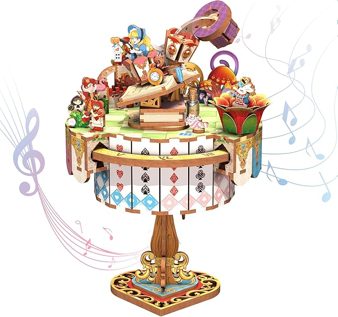 Tonecheer x British Library Wooden Music Box Puzzle for Adults, DIY Rotating Music Box Kit 3D Creative Musical Puzzle Crafts Model Building Kits Desk Decor for Birthday Gift (Alice's Tea Party)