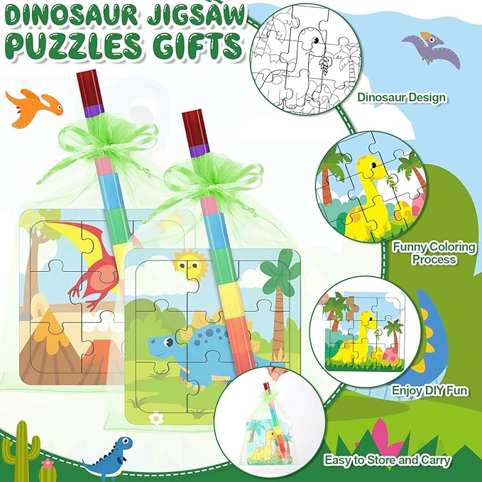 12 Sets Dinosaur Puzzles for Dinosaur Theme Color Your Own Puzzles DIY Dino Jigsaw Crafts with 12 Stackable Crayons and 12 Bags for Tropical Jungle Gifts Birthday Party Supplies Favors