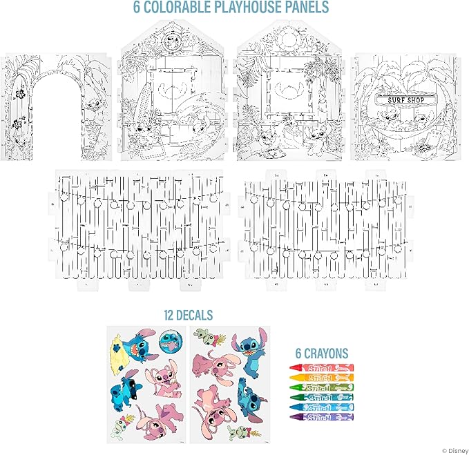 Fashion Angels Disney Stitch DIY Tropical Hideaway Playhouse, Color & Decorate Kid-Size Play Set with Crayons & Decals, Fun Craft Activity for Kids Ages 3+