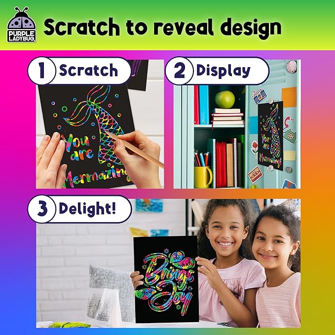 PURPLE LADYBUG Rainbow Scratch Art Paper, 79 PCS Creative Drawing Paper & Stencils - Arts and Crafts for Ages 4-12, Kids Craft Activity Set for Halloween, Christmas Gift, Birthday Party Games
