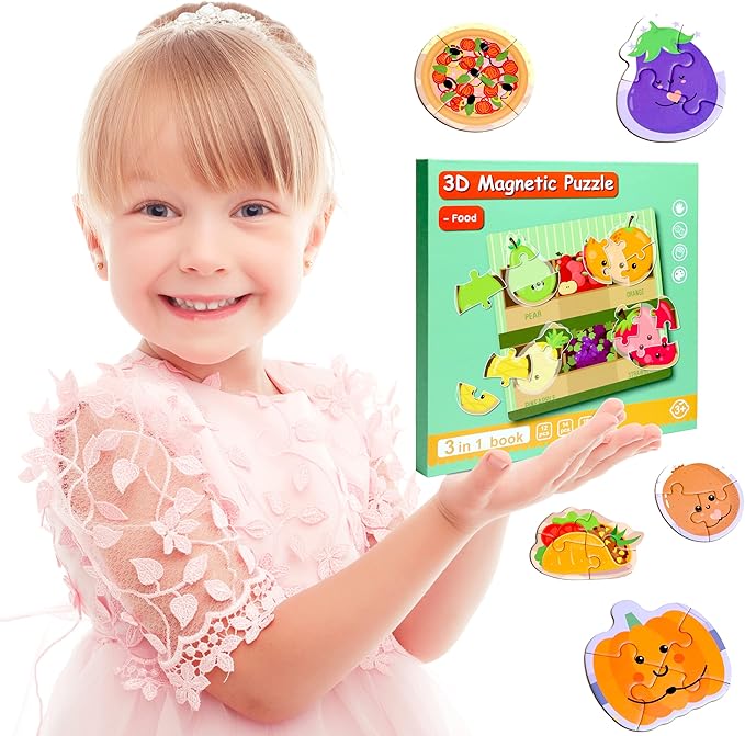 Magnetic Puzzles for Kids Ages 1-3, Travel Toddler Puzzles Ages 2-4 Year, Food Activities Toy for Boys & Girls 3-5 yo - Learning Magnet Gift for Road Trip