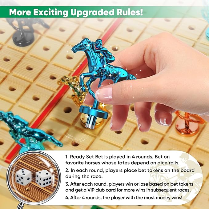 Premium Horse Racing Game with Cards and Dice, Horse Race Betting Board Game for Adult, Thickened Solid Wood with 143 Chips, 9 Metal Horses, Bet Board & Tokens & Cards, Rich Props for Enhanced Fun