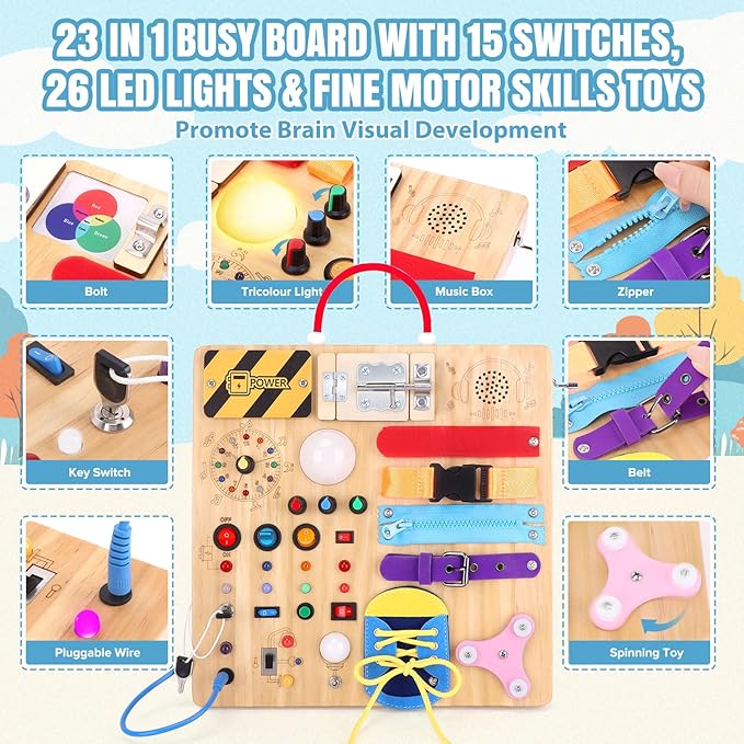 23 in 1 Busy Board Montessori Toys for 1-3 Year Old Wooden Learning Educational Toy for Toddlers with 15 Switches, 26 LED Lights, Music Boxes, Locks,Zippers Toddler Sensory Toys for Soothing A Baby