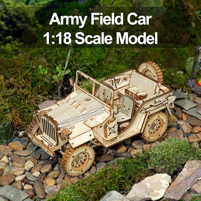 ROKR 3D Wooden Puzzle for Adults-Mechanical Car Model Kits-Brain Teaser Puzzles-Vehicle Building Kits-Unique Gift for Kids on Birthday/Christmas Day(1:18 Scale)(MC701-Army Field Car)