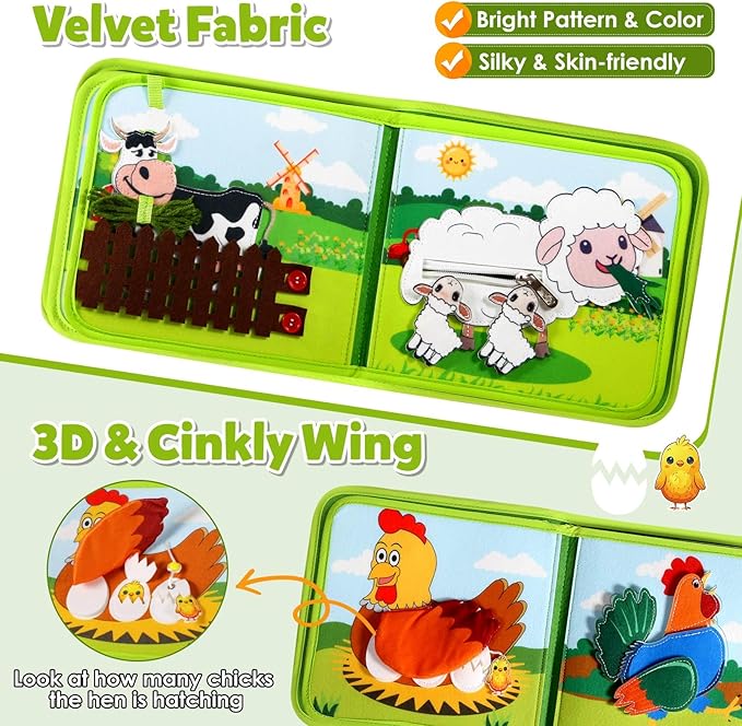 Montessori Busy Book for Toddlers 1-3, Busy Board Montessori Toys for 1 Year Old Boy Girl Birthday Gift, Educational Learning Sensory Activity Books, Quiet Book Travel Toys for Airplane Car