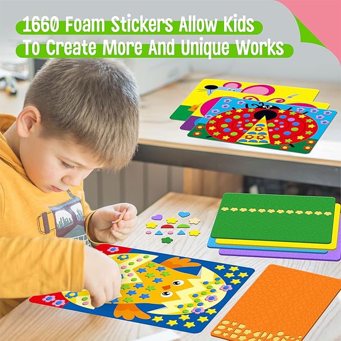 Foam Sticker Art Activity, 20 Farm Animal Art Boards with 1660 Foam Stickers in 10 Colors, Funny DIY Activity Creative Craft Kits Travel Game for Kids, Boys & Girls