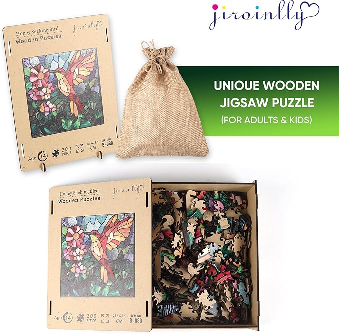 Wooden Puzzle for Adults, Stained Glass Hummingbird Jigsaw Puzzles 200 Piece, Unique Shapes Family Reunion Puzzle for Adults and Kids, Beautiful Package, Best Gift for Family Friends 11.4x11in