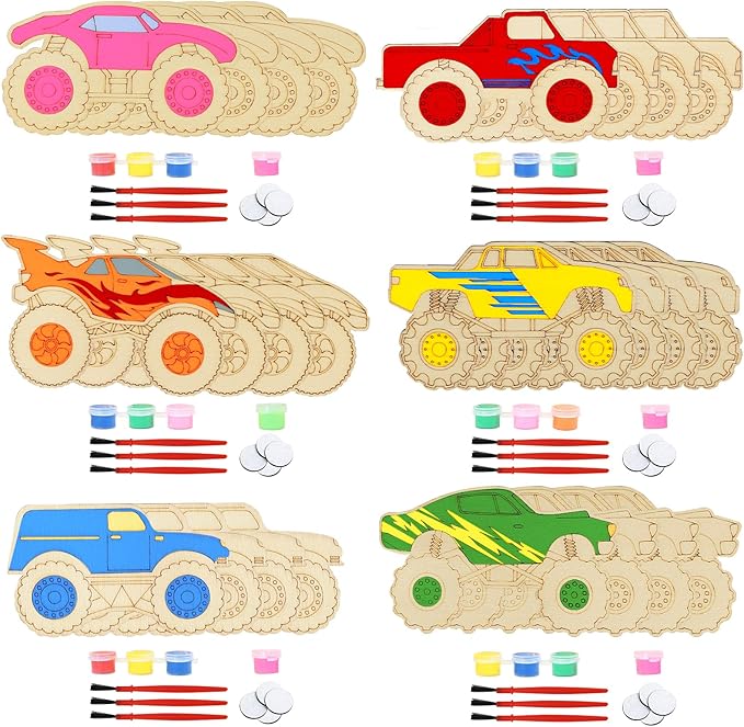 LARDUX Monster Truck Party Favors, 24PCS DIY Wooden Arts & Crafts Painting Kit for Kids, Glow in The Dark Party Favors Family Crafts Birthday Party Christmas Gifts Toys for Boys Girls