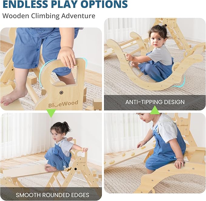 BlueWood Pikler Triangle Set, Toddler Wooden Climbing Toys Indoor 7in1 Climber, Foldable Kids Climbing Toys, Montessori Play Jungle Gym with Arch, Ramp, Ladder (Natural)