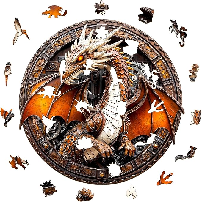 Wooden Puzzles for Adults 200 Pices, Dragon 3D Puzzles for Adults, Mechanical Dragon Irregular Jigsaw Puzzles, Flat Puzzels with 3D Visual Effect, Finished Puzzle Size is 11.4 x 11.4in