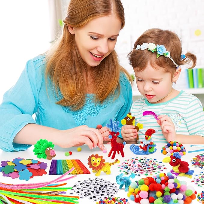 DOITEM Pipe Cleaners Craft Supplies, 1500+Pcs Arts and Crafts Supplies Including Pipe Cleaner Wiggle Googly Eyes Pom Poms Feathers Sticks Sequins Foam Flowers Papers Felt Stickers