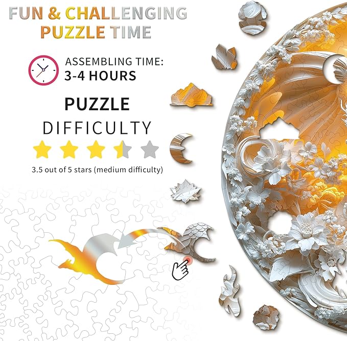 KAAYEE Wooden Puzzles for Adults, Fierce Dragon Wooden Jigsaw Puzzle Unique Animal Shape Wood Puzzle Adult, 3D Visual Effect Flat Puzzle Birthday Family Games (M-11.3 * 11.2 in-192pcs)