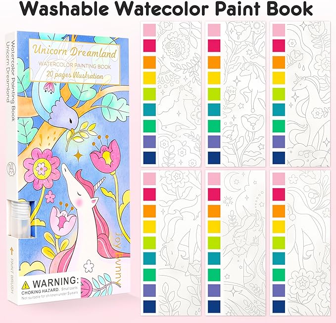 Watercolor Painting Coloring Books Pocket Watercolor Paint Bookmarks, Mess Free Paint with Water Set, Travel Class Activities Art Party Favors Exchange Birthday Gifts for Kids (Unicorn Dream)
