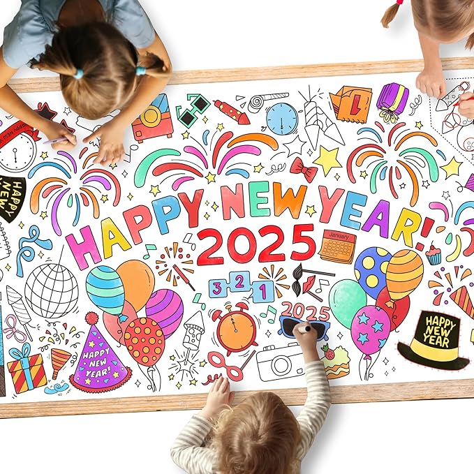 Giant Coloring Poster for Classroom Wall - Versatile 31.5 x 72 Inches Happy New Year Activity Poster/Table Cover, School Parties, Happy New Year Party and Special Events Decoration
