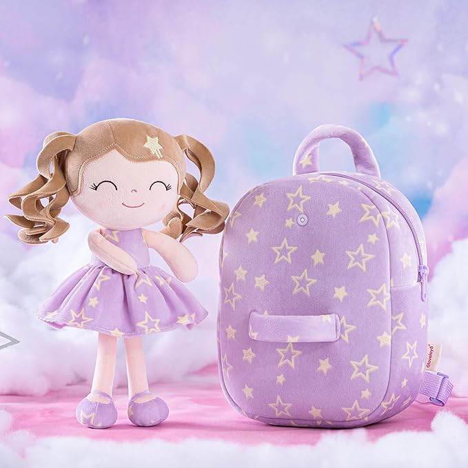 Gloveleya 3.5L Curly Hair Plush Figures Dress Backpack - Purple Star, 9 inches, 3.5 liters