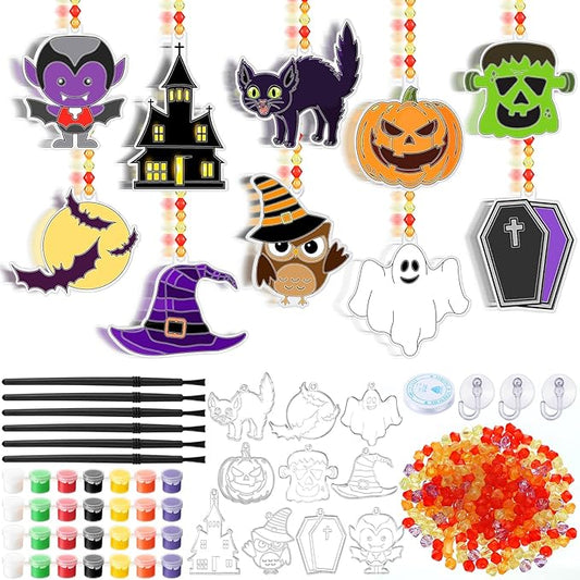 Yaomiao 30 Sets Halloween Suncatchers Window Art Kits DIY Pumpkin Ghost Suncatcher Crafts Bulk Paint Your Own Window Hanging Ornaments for Boys Girls Home Class Birthday Halloween Party Favors Gifts