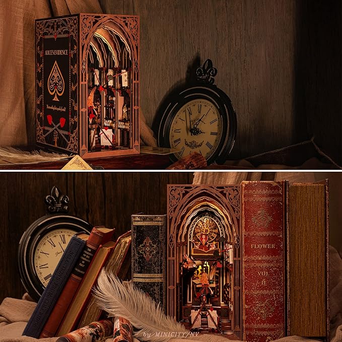 DIY Book Nook Kit for Adults, 3D Wooden Puzzle Bookend Bookshelf Insert Decor with LED Light and Dust Cover (Alice in Wonderland)