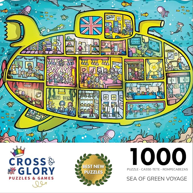 Cross & Glory - Sea of Green Voyage: British Invasion Beneath The Waves - 1000 Piece Jigsaw Puzzle for Adults & Kids 12+ | Fun 60s Themed | Underwater Adventure