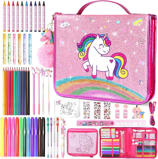 70Pcs Fruit Scented Markers Kit - Kawaii Stationery Set with Unicorn Pencil Case, Art Coloring Drawing Kit for Kid Include Marker, Pencil, Crayon, Pen, Eraser, Sticker, Unicorn Gift for Girl 4-12 Year