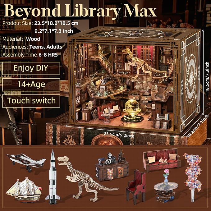 DIY Book Nook Kit for Adults, 3D Wooden Puzzle Bookend Bookshelf Insert Decor with LED Light and Dust Cover (Beyond Library Max)