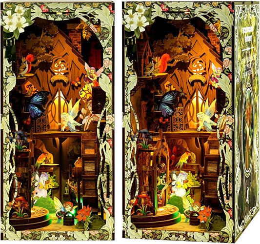 Book Nook Kit for Adult - THRIVINGIVAN Miniature Model Build Dollhouse Kit 3D Wooden Puzzle with Sensor Led Light for Bookshelf Bookend Insert Decor Adults Teen Crafts(Spirit)