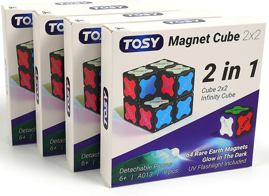 TOSY Magnet Cube 2x2 - 8 Blocks, 2 in 1 Toy: 2x2x2 Puzzle Cube and Customizable Infinity Cube, Glowing, UV Flashlight, Fidget/STEM/STEAM Magnet Tiles Birthday Gift for Kids/Teens/Adults, 4-Pack