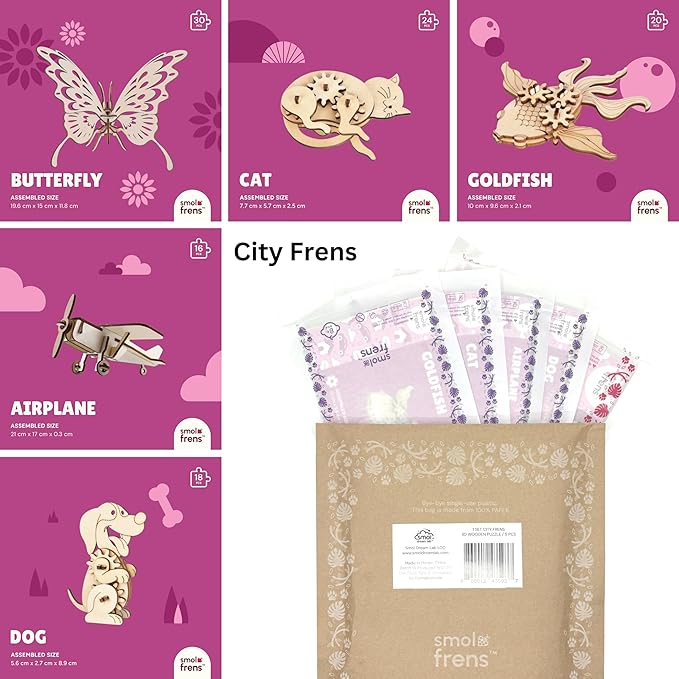 Wooden Animal Puzzles for Ages 8+, 5 Pack 3D Wooden Puzzles, STEM Kits for Kids & Adults, Wood Crafts Model Kits, STEM Toys, DIY Art Projects, Educational Gifts Toys, Party Favors - City Frens