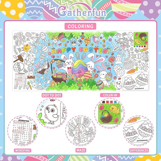 Gatherfun Easter Party Activity Poster - 31.5 x 72 Inches,Easter -Themed Happy Easter Party, Versatile Paper Coloring Banner/Table Cover for School Parties and Special Events Decoration