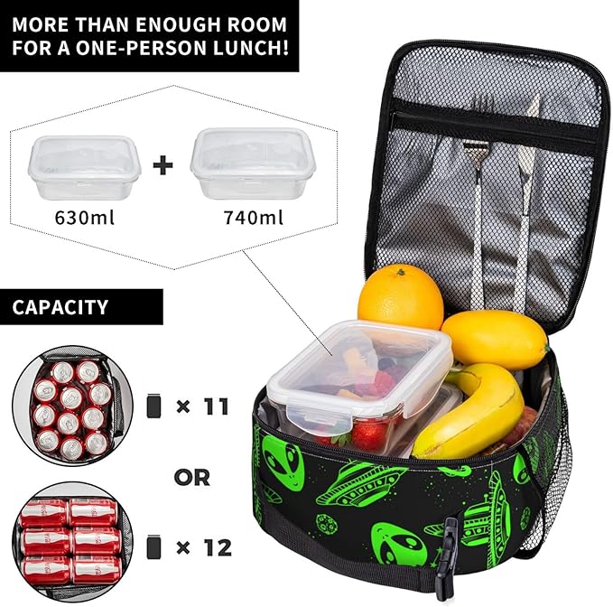 Green Ufo Alien Star Reusable Lunch Box Food Bag Insulated Lunch Bag for Teenage Boys Girls School Beach