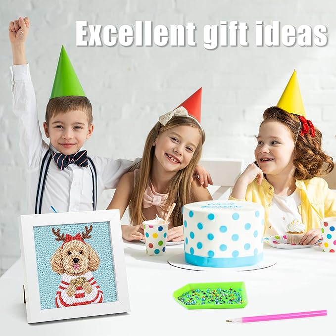 geesfayan Diamond Art Kits for Kids Ages 8-12,6 Inch DIY Gem Art Painting with 7 Inch Frame, Complete Starter Kit for Beginners, Creative Arts & Crafts Gift for Girls & Boys (Christmas Dog)