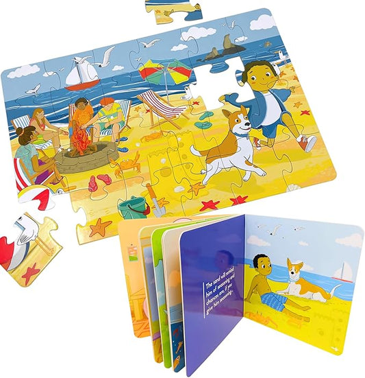 Upbounders® 24 Piece Jumbo Floor Jigsaw Puzzle & Picture Book Set for Kids | Low Tide at Ocean Beach Puzzle for Toddlers & Children | Educational Board Book Toddler Toy Kit for Boys & Girls Ages 3+