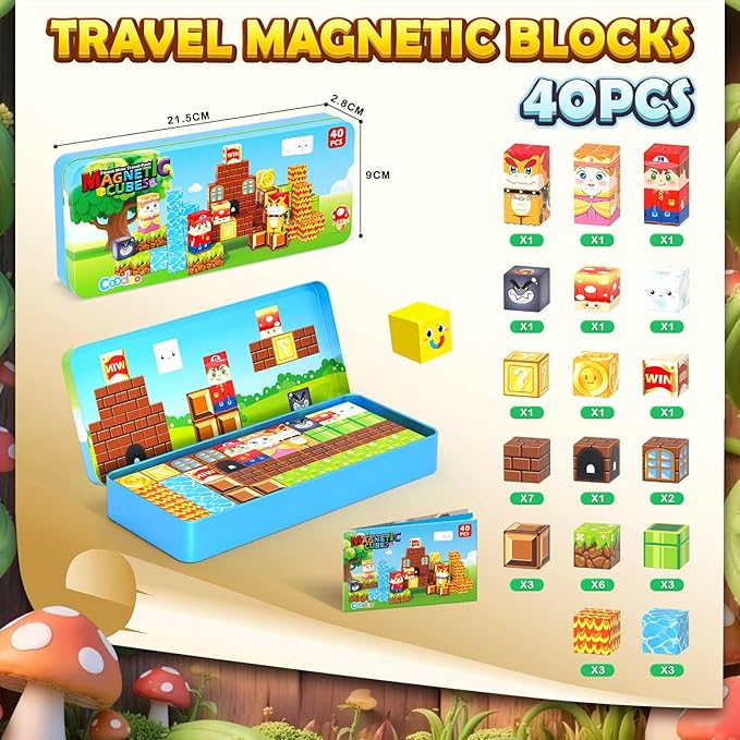 Magnetic Blocks Travel Toys with Portable Metal Tin – Toddler Magnet Tiles Building Blocks STEM, Montessori Kids Toys for 3+ Year Old Boys & Girls, Classroom Must Haves, and Sensory Toys