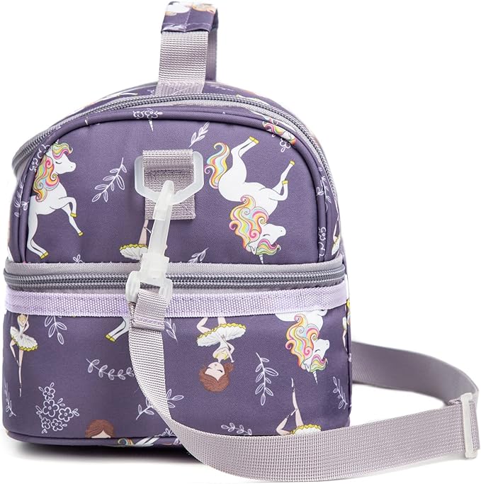 Insulated Kids Dual Compartment Lunch Bag Tote Pack for Girls Boys Toddler Kindergarten School Picnic Food Cooler Hot Water Ice with Strap (Ballet Dancer)