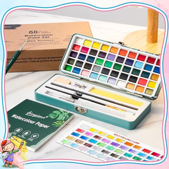 Prudiut Watercolor Paint Set, 50 Colors, Watercolor Set with Watercolor Paper, Palette, Brushes, Ideal for Adults Kids Beginners Artists