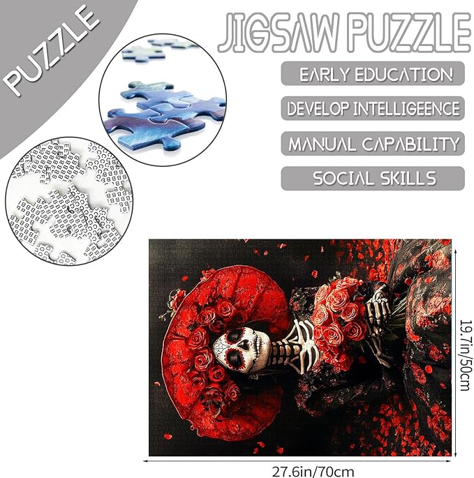 Tucocoo Day of The Dead Jigsaw Puzzle 1000 Pieces Puzzles for Adults, Red Roses Skeleton Woman Flowers Art Puzzles for Challenging Family Activity Games DIY Craft Puzzle for Home Wall Decor Gifts