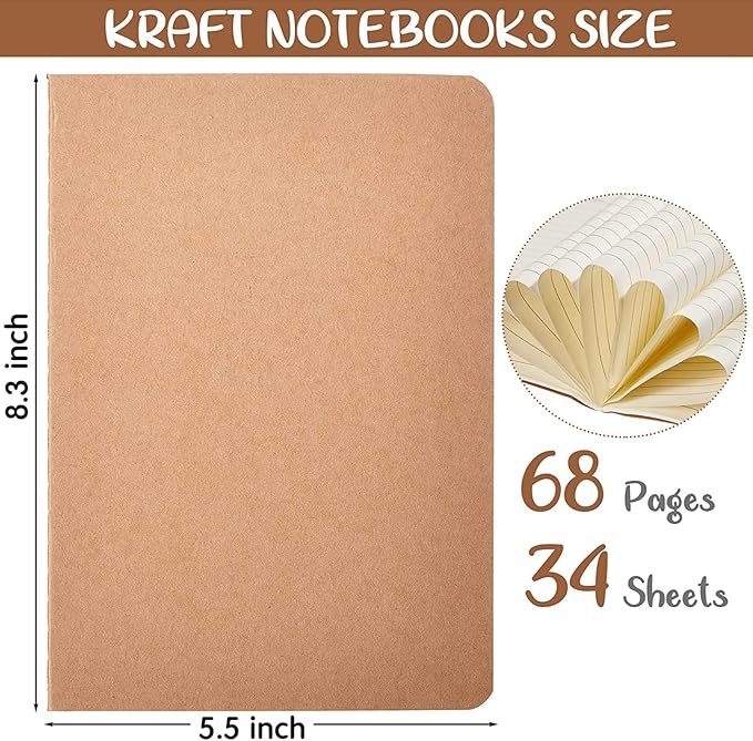 Seajan 96 Pack Back to School A5 Kraft Paper Notebooks 8.3 x 5.5 Inch Journal Lined Notebook Bulk for Office Students School Classroom Writing Work Supplies
