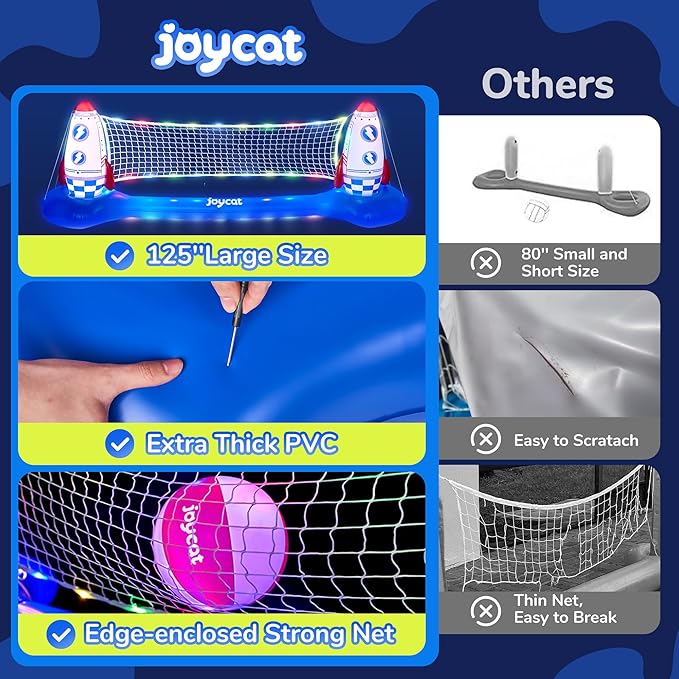 JoyCat LED Inflatable Pool Floats Set,125 Inch Volleyball Net & Basketball Hoop,Floating Swimming Pool Games Beach Toys for Kids,Water Games for Adults and Family,Pools Party Gift